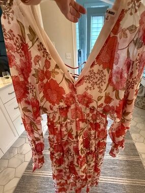 Steve Madden Floral Ruffle Mini Dress Pink Red Boho Long Sleeve Size S